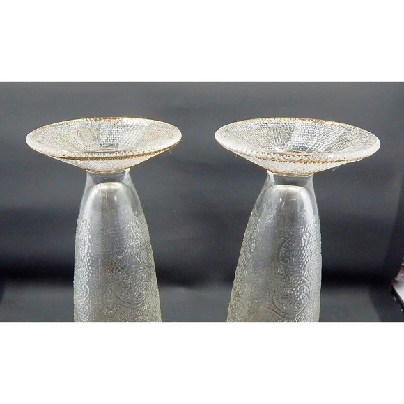 Jeannette Glass Harp Pattern Gold Trimmed Footed Vase Pair - Picture 5 of 11